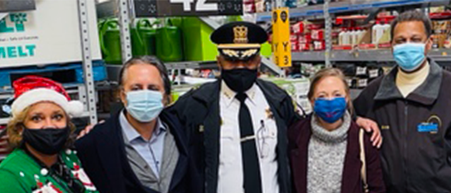 A healthy holiday season begins with giving to Shop With A Cop! Pictured from left-to-right: Dr. Donna Leak, Superintendent, Community Consolidated Schools District 168; Raul Garza, Aunt Martha’s President and CEO; Malcolm White, Chief of Police, Sauk Village; Allison Van Gerpen, Senior Executive Administrator, Aunt Martha’s; Sauk Village Mayor Derrick Burgess