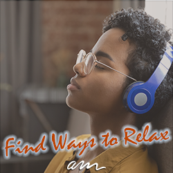 Peaceful girl in wireless headphones using an app or online program to relax, sleep with text overlay that says, "Find ways to relax."