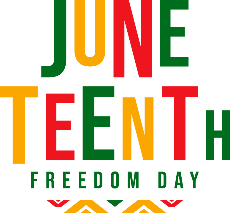 Brightly colored red, yellow and green letters spelling Juneteenth Freedom Day.