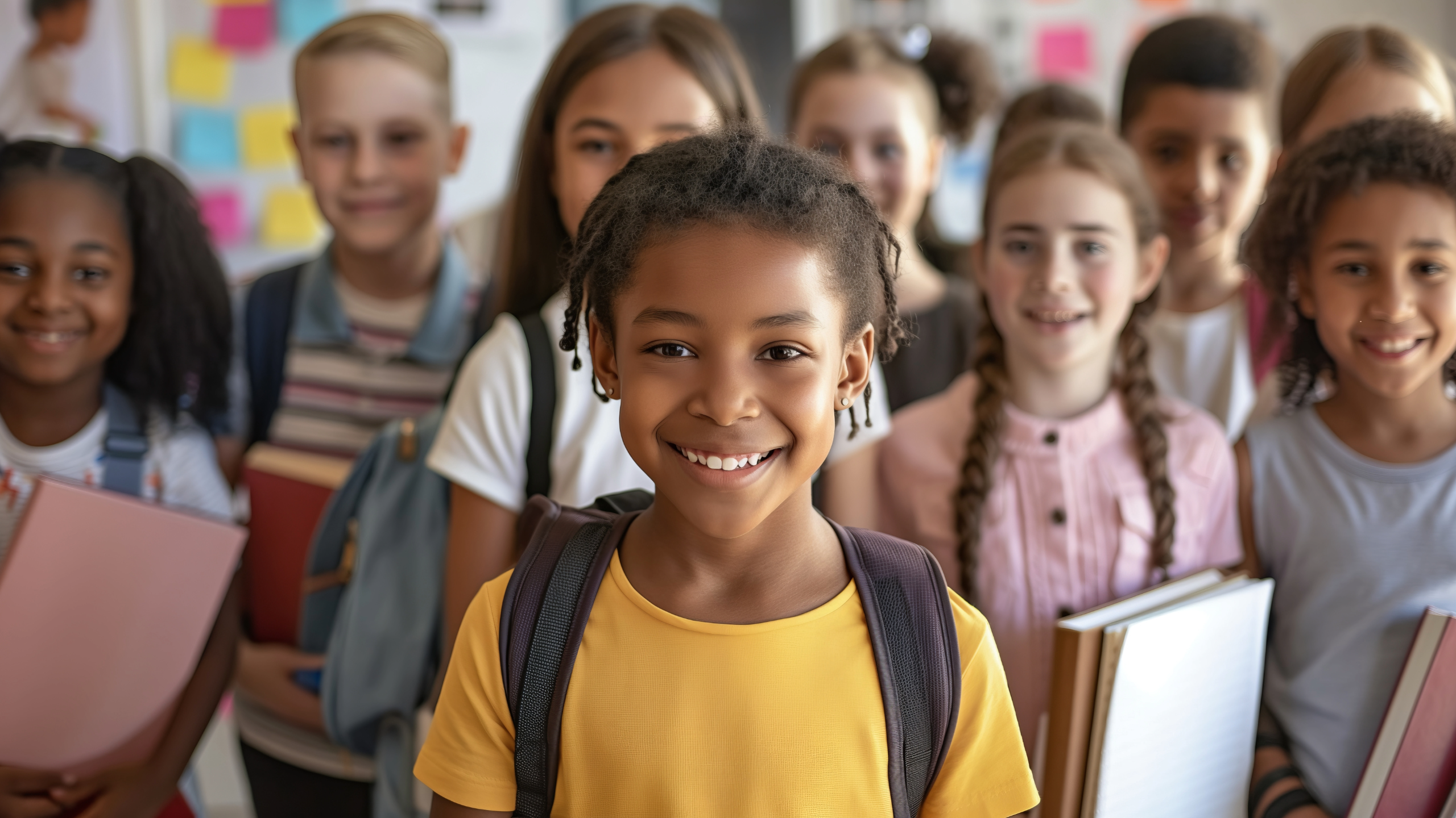 Smiling school-age children of diverse backgrounds holding notebooks and backpacks, ready for back-to-school health fairs