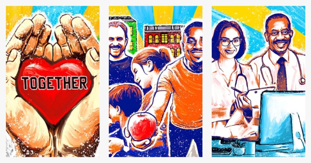 Triptych showing Aunt Martha’s mural: Together (shared purpose), Community (neighbors in connection), and Access (care with digital tools).